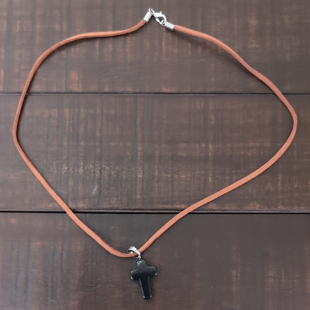 Suede Cord Necklace with Black Cross Pendant